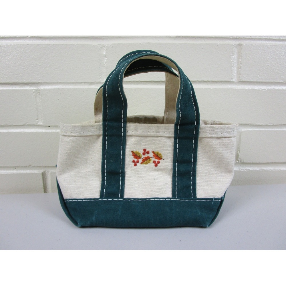 Vintage LL Bean Boat & Tote Bag Micro Mini Green & Ivory Canvas USA Embroidered